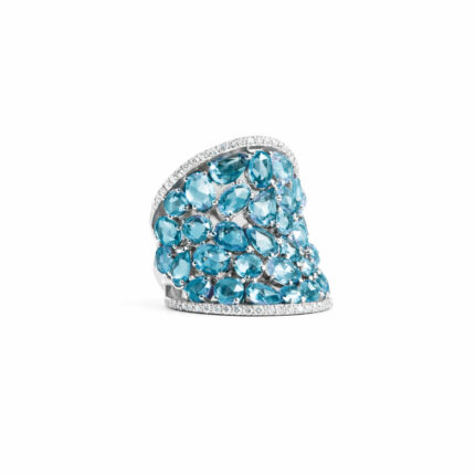 Mavi Topaz Taşlı Geniş Beyaz Altın Yüzük