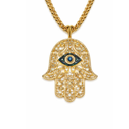 Mavi ve Beyaz Pırlanta Taşlı Fatima Ana Eli Altın Kolye