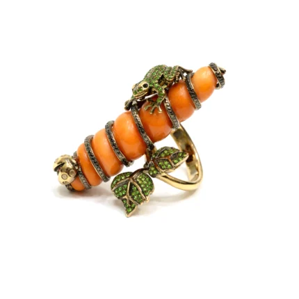 Mercan Formlu Kurbağa ve Uğur Böceği Detaylı Yüzük