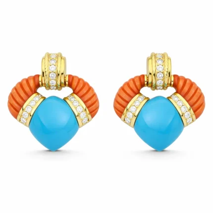 Mercan ve Firuze Taşlı Altın Pırlanta Detaylı Küpe