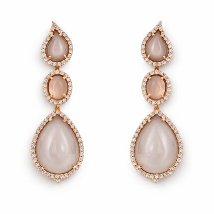 Moonstone Taşlı Çoklu Damla Form Pırlanta Detaylı Altın Küpe