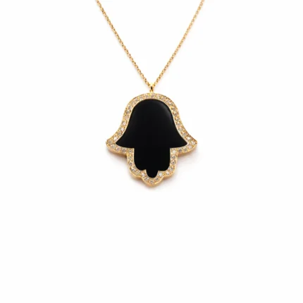 Onyx Taşlı Fatima Ana Eli Altın Kolye