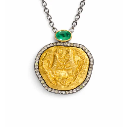 Pırlanta Detaylı Zümrüt Taşlı Antik Figürlü Altın ve Gümüş Kolye