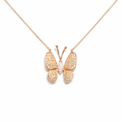 Sarı ve Beyaz Pırlantalı Avustralya Opalli Kelebek Kolye