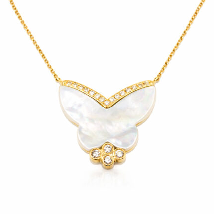 Sedef Taşlı Kelebek Figürlü Altın Pırlanta Kolye