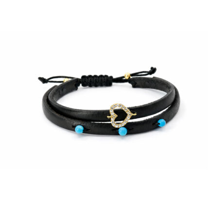 Siyah Deri Bileklik Pırlanta Kalp Detaylı Turkuaz Boncuklu Tasarım