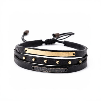 Siyah Deri Bileklik Sarı Altın ve Okside Altın Detaylı Tasarım