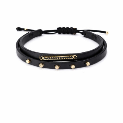 Siyah Deri Bileklik Siyah Pırlanta Çubuk Detaylı