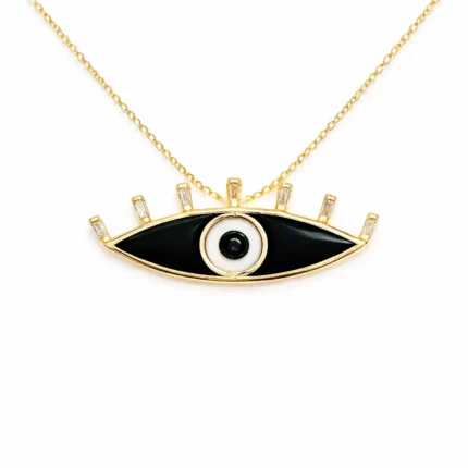 Siyah Mineli Nazar Göz Detaylı Altın Kolye