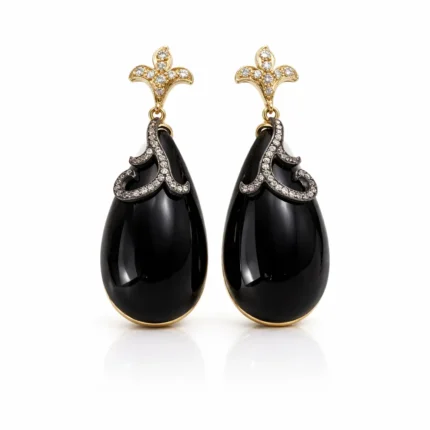 Siyah Onyx Damla Form Pırlanta Detaylı Altın Küpe