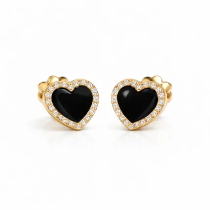 Siyah Onyx Kalp Form Pırlanta Detaylı Altın Küpe