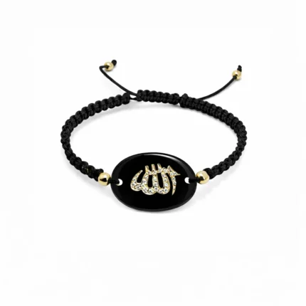Siyah Onyx Üzerine Allah Yazılı Altın Detaylı Ayarlanabilir Bileklik