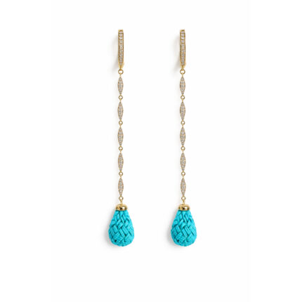 Turkuaz Detaylı Uzun Sallantılı Pırlanta Taşlı Altın Küpe