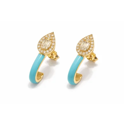 Turkuaz Mine ve Baget Pırlanta Damla Form Küpe