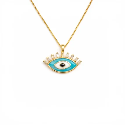 Turkuaz Nazar Göz Motifli ve Baget Pırlanta Detaylı Altın Kolye