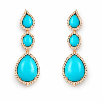 Turkuaz Taşlı Damla Form Pırlanta Detaylı Altın Küpe