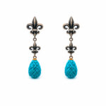 Turkuaz Taşlı  Pırlanta Detaylı Fleur-de-Lis Motifli Küpe