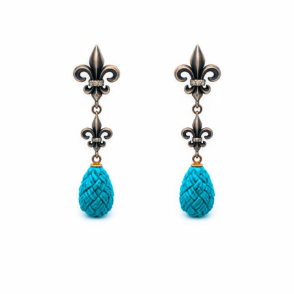 Turkuaz Taşlı  Pırlanta Detaylı Fleur-de-Lis Motifli Küpe