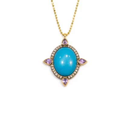 Turkuaz Taşlı ve Ametist Detaylı Pırlanta Çerçeveli Altın Kolye