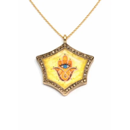 Turuncu Mineli Fatima Ana Eli ve Nazar Motifli Altın Kolye