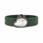 Yeşil Deri Bileklik Doğal İnci ve Pırlanta Detaylı Tasarım