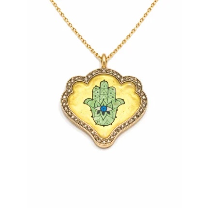 Yeşil Mineli Fatima Ana Eli ve Nazar Motifli Altın Kolye