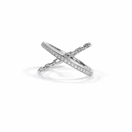 Zincir Detaylı Çapraz Pırlanta Beyaz Altın Yüzük