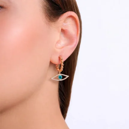 Boncuk halka detaylı, nazar göz figürlü sallantılı küpe