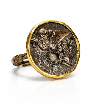 Altın ve Okside Gümüş Antik Roma Savaşçı Motifli Ham Pırlanta Yüzük
