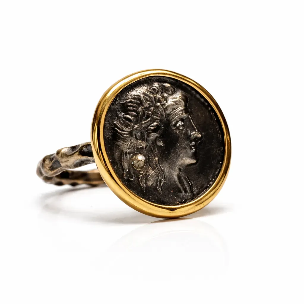 Altın ve Okside Gümüş Tyche Motifli Ham Pırlanta Detaylı Yüzük Altın ve Okside Gümüş Tyche Motifli Ham Pırlanta Detaylı Yüzük - Görsel 1