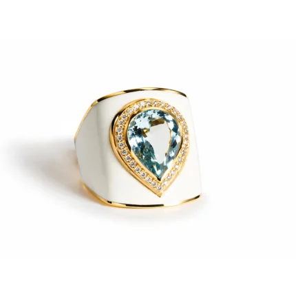 Aquamarin ve Pırlanta Altın Yüzük – Beyaz Mineli Geniş Form Tasarım