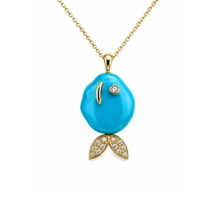 Balık Formlu Firuze Taşlı ve Pırlanta Detaylı Altın Kolye