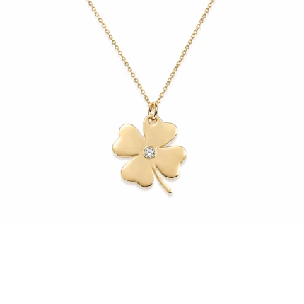Pırlanta Taşlı Dört Yaprak Yonca Altın Kolye