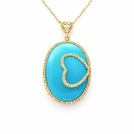 Firuze Taşlı Pırlanta Kalp Motif Altın Kolye