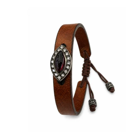 Granat Taşlı Pırlanta Detaylı Deri Bilezik