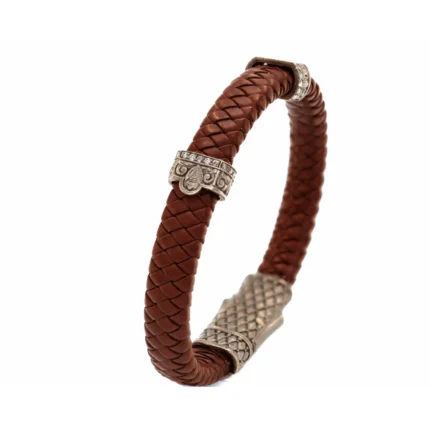 Kahverengi Örgü Deri ve Gümüş Detaylı Erkek Bileklik