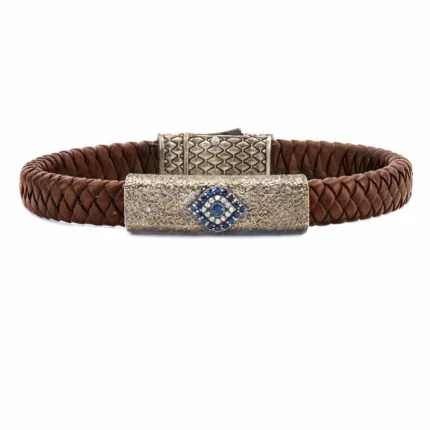 Kahverengi Örgü Deri ve Nazar Detaylı Gümüş Erkek Bileklik