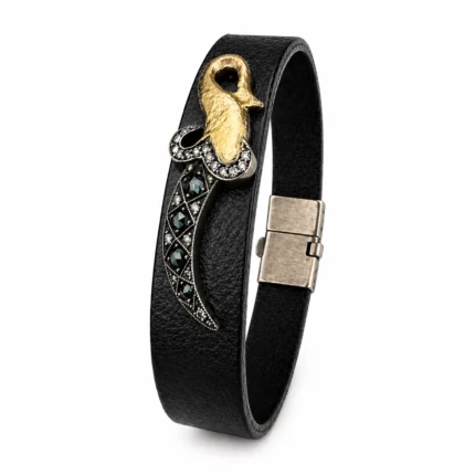 Kılıç Figürlü Deri Bilezik – Siyah Pırlanta Detaylı Özel Tasarım