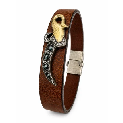 Kılıç Figürlü Deri Bilezik – Siyah Pırlanta Detaylı Özel Tasarım