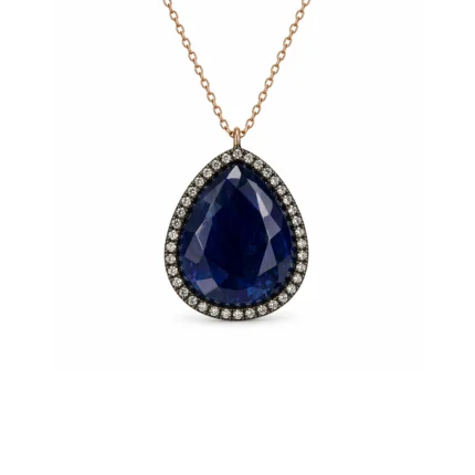 Kök Safir ve Pırlanta Çerçeveli Altın Kolye