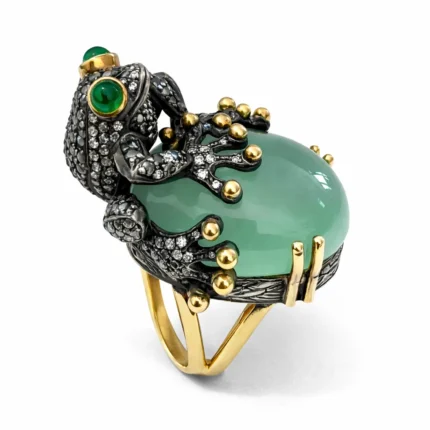 Kurbağa Figürlü Krisopraz Taşlı Pırlanta Yüzük