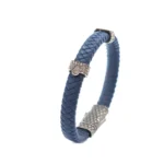 Mavi Örgü Deri ve Gümüş Detaylı Erkek Bileklik