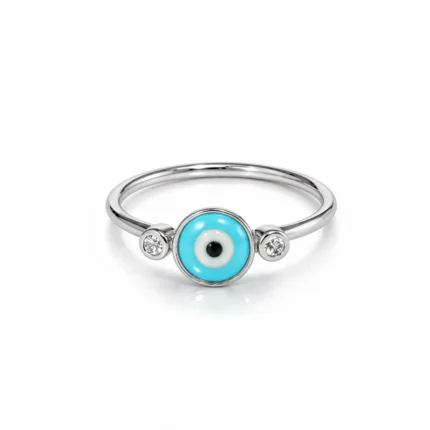 Nazar Boncuklu Pırlanta Detaylı Beyaz Altın Yüzük