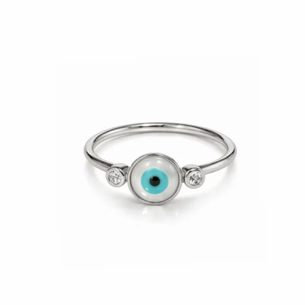 Nazar Boncuklu Sedef-Pırlanta Detaylı Beyaz Altın Yüzük