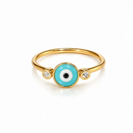 Nazar Boncuklu Pırlanta Detaylı Sarı Altın Yüzük