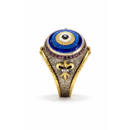 Nazar Göz Motifli Yakut ve Pırlanta Detaylı Altın Gümüş Yüzük