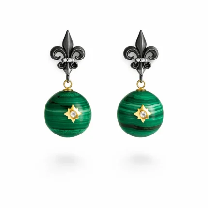 Okside Gümüş Fleur de Lis ve Malakit Top Detaylı Küpe