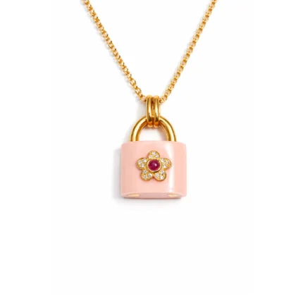 Pembe Akik ve Yakut Taşlı Çiçek Detaylı Kilit Altın Kolye