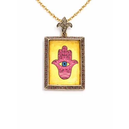 Pembe Mineli Fatima Ana Eli ve Nazar Motifli Altın Kolye