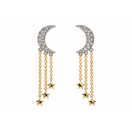 Pırlanta taşlı ay ve yıldız detaylı sallantılı altın küpe